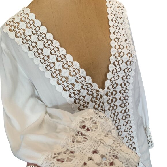 Ivory Crochet Lace Trim Swimsuit Cover-Up Tunic V-Neck Beachwear 3/4 Sleeves L - Picture 1 of 16